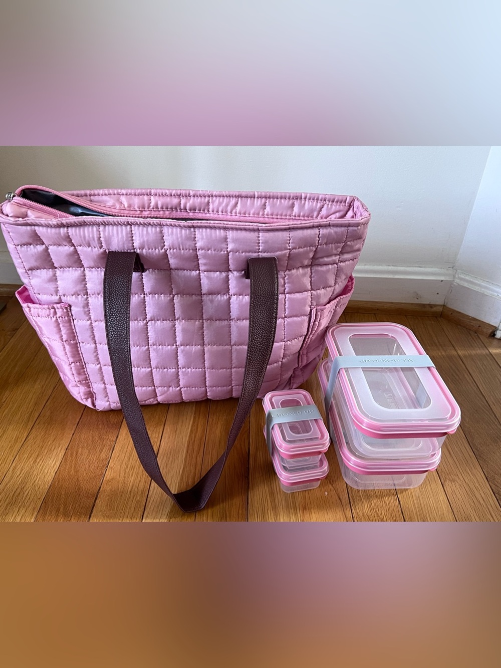 Pink Quilted Lunch Tote with Stackable Food Storage Containers
